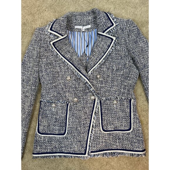 NWOT Veronica Beard Theron Tweed Navy White Frayed Trim Blazer Size 10 - Picture 10 of 14